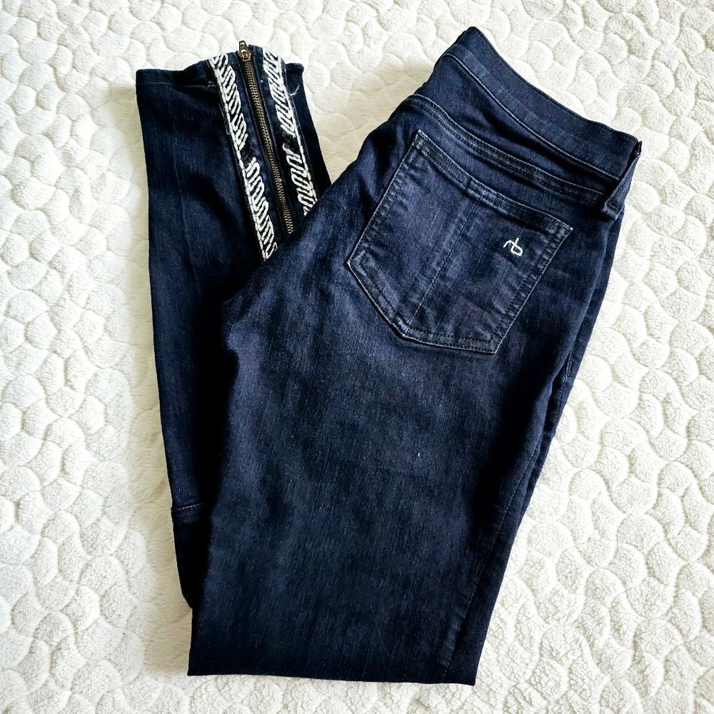 Rag & Bone jeans skinny denim embroidered moto pants zipper edgy 26 2